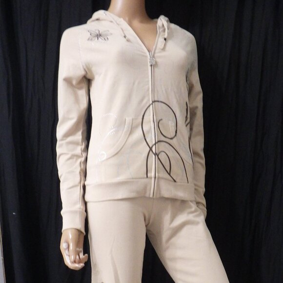 NWT BCBG sz SM LG XL 95% cotton BEIGE & BROWN STUDDED 2 PIECE TRACKSUIT - Picture 7 of 14